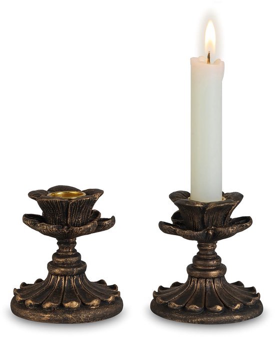 Ibenzoa® Set van twee antieke bronzen kandelaars met bloemmotief voor sfeervolle decoratie