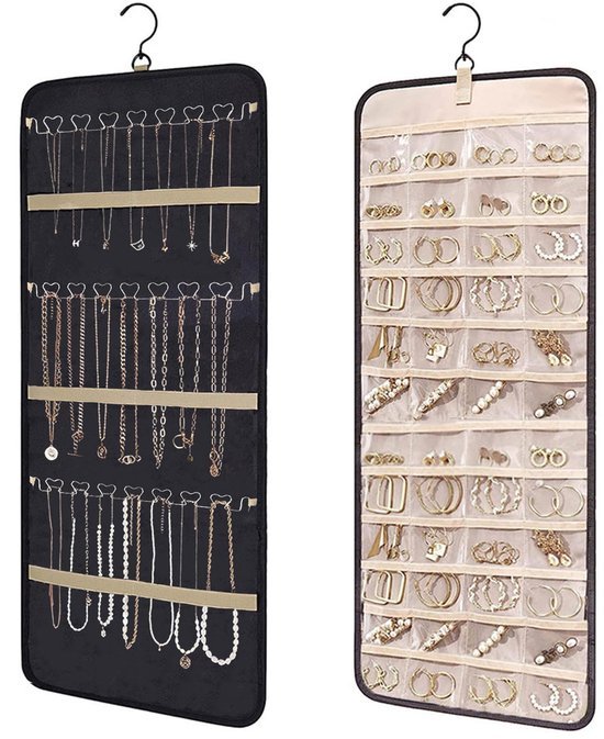 Ibenzoa® Dubbelzijdige hangende sieradenopberger met 39 vakken en metalen haken Ibenzoa® Dubbelzijdige hangende sieradenopberger met 39 vakken en metalen haken