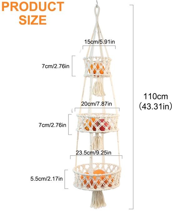 Ibenzoa® Drie verdiepingen hangende mand voor fruit en groenten in bohemian stijl