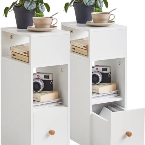 Ibenzoa® Set van 2 ruimtebesparende witte nachtkastjes met lade en open vakken