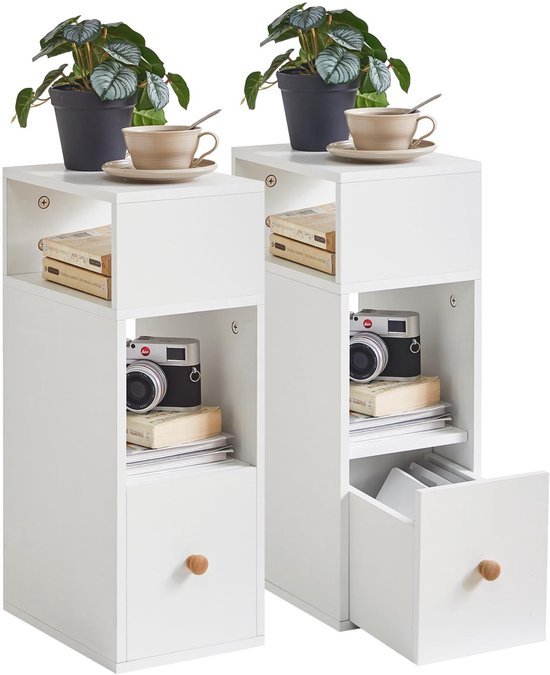 Ibenzoa® Set van 2 ruimtebesparende witte nachtkastjes met lade en open vakken