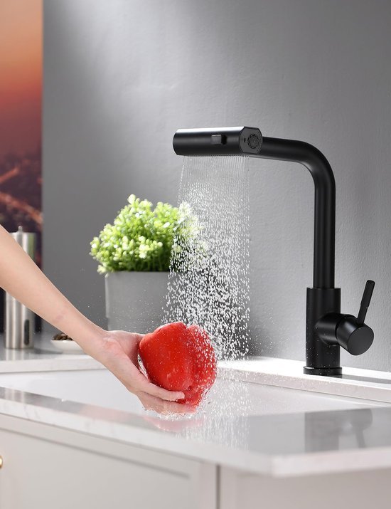 Ibenzoa® Moderne zwarte keukenkraan met uitschuifbare sproeikop en draaifunctie