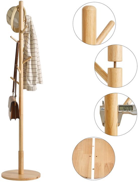 Ibenzoa® Vrijstaande houten kapstok met ronde voet en acht haken in natuurlijke kleur