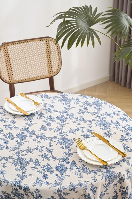 Ibenzoa® Rond tafelkleed met blauwe bloemenprint voor binnen en buiten gebruik