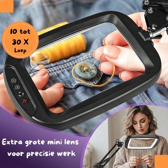 Unyqoos® Verstelbare grote rechthoekige loeplamp met 30 X VERGROTING - LED-verlichting voor lezen en hobby's EXTRA STEVIG