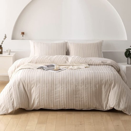 Unyqoos ® Elegant Bohemian Beige Dekbedovertrekset met Getufte Strepen en Omkeerbare Stijl