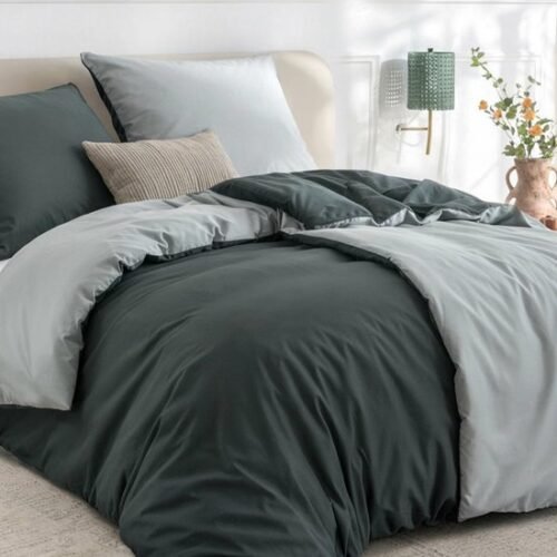 Unyqoos® Beddengoed Set 135 x 200 cm, Omkeerbaar, Strijkvrij, Zacht Microvezel, Antraciet en Lichtgrijs, 4-delig