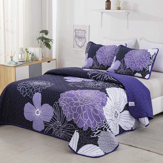 Unyqoos ® Luxueuze Paarse Bloemen Sprei Set voor Tweepersoonsbed met Zachte Microvezel en Kussenslopen