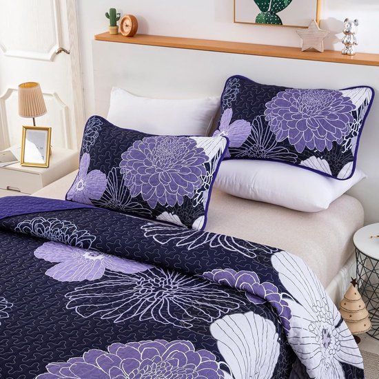 Unyqoos ® Luxueuze Paarse Bloemen Sprei Set voor Tweepersoonsbed met Zachte Microvezel en Kussenslopen