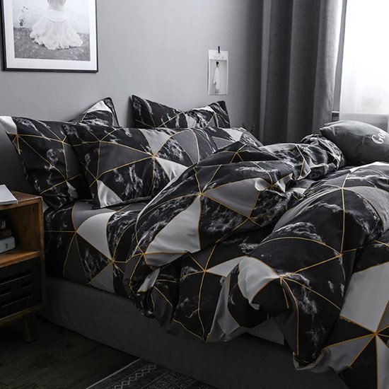 Unyqoos® Moderne zwart-wit dekbedovertrekset met marmerlook en geometrisch patroon