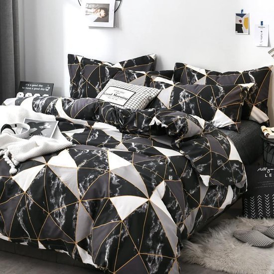 Unyqoos® Moderne zwart-wit dekbedovertrekset met marmerlook en geometrisch patroon