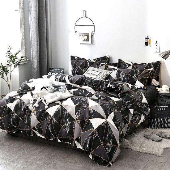 Unyqoos® Moderne zwart-wit dekbedovertrekset met marmerlook en geometrisch patroon