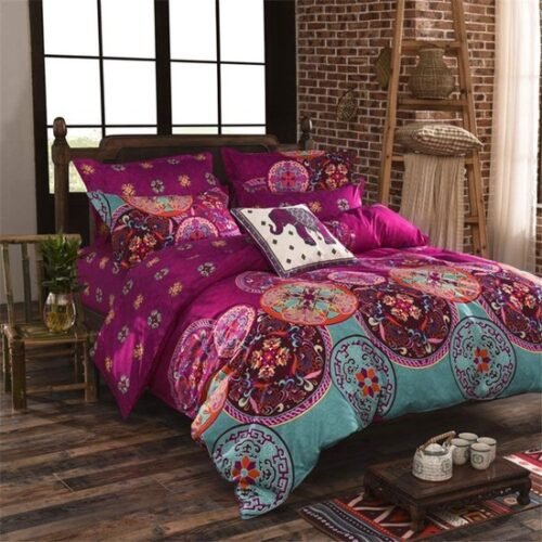 Unyqoos ® Stijlvolle Bohemian Dekbedovertrekset met Mandala-Patroon en Ritssluiting in Kleurrijke Fuchsia en Turkoois
