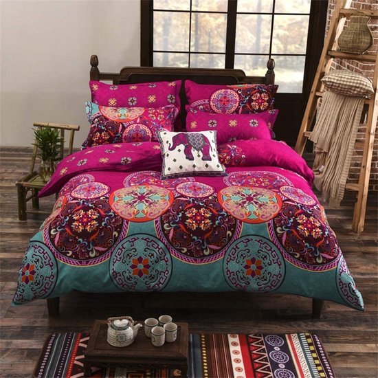 Unyqoos ® Stijlvolle Bohemian Dekbedovertrekset met Mandala-Patroon en Ritssluiting in Kleurrijke Fuchsia en Turkoois
