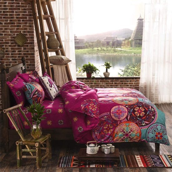 Unyqoos ® Stijlvolle Bohemian Dekbedovertrekset met Mandala-Patroon en Ritssluiting in Kleurrijke Fuchsia en Turkoois