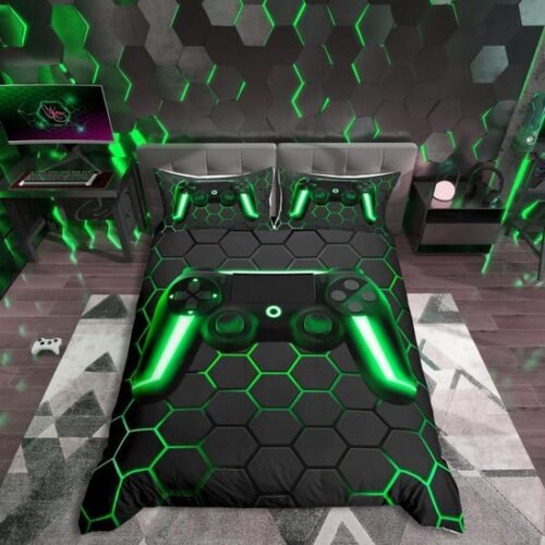550x550-10970.jpg Unyqoos® Neon Geometrisch Gamer Dekbedovertrek voor Kinderen en Tieners, Bijenkorf Ontwerp, 2-Delige Set