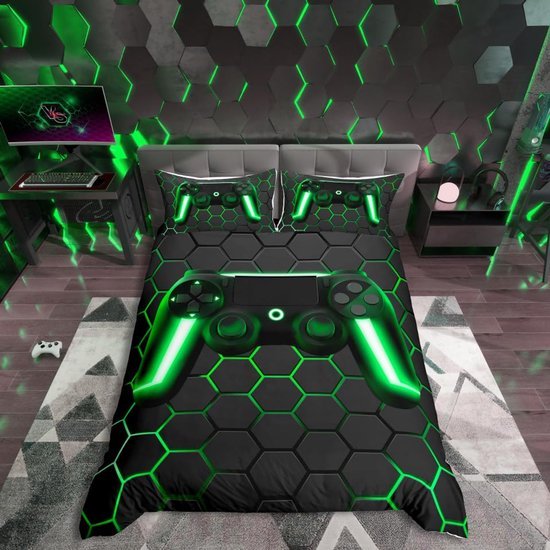 550x550-10970.jpg Unyqoos® Neon Geometrisch Gamer Dekbedovertrek voor Kinderen en Tieners, Bijenkorf Ontwerp, 2-Delige Set