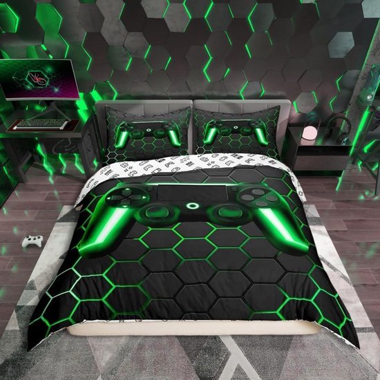 550x550-10971.jpg Unyqoos® Neon Geometrisch Gamer Dekbedovertrek voor Kinderen en Tieners, Bijenkorf Ontwerp, 2-Delige Set