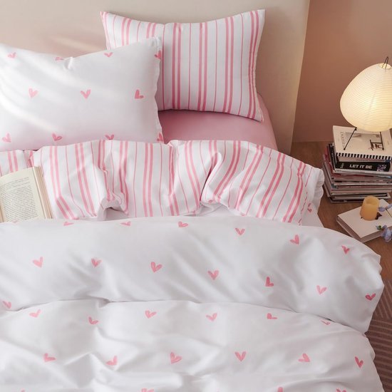 Unyqoos® Beddengoedset van Zacht Microvezel met Hartjesmotief en Ritssluiting voor Kinderen, Meisjes en Volwassenen 135 x 200