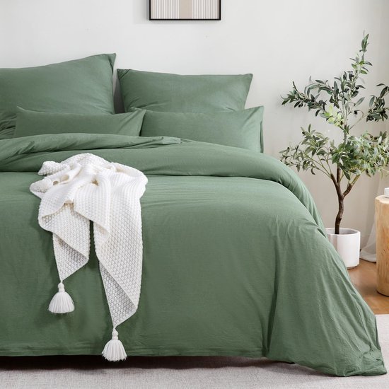 Unyqoos ® Beddengoedset van Hoogwaardig Katoen met Stijlvolle Linnen uitstraling, 4-delig, Groen, 135x200 cm