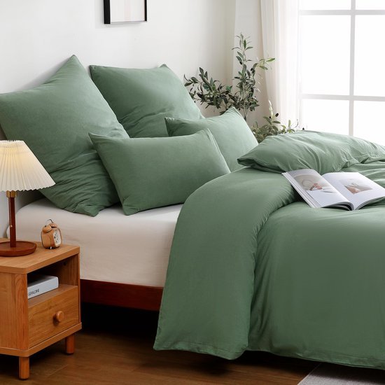 Unyqoos ® Beddengoedset van Hoogwaardig Katoen met Stijlvolle Linnen uitstraling, 4-delig, Groen, 135x200 cm