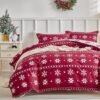Unyqoos® Drie-delige kerstbeddenset van microvezel met rode sneeuwvlokkenprint