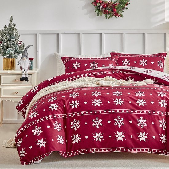 Unyqoos® Drie-delige kerstbeddenset van microvezel met rode sneeuwvlokkenprint