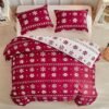 Unyqoos® Drie-delige kerstbeddenset van microvezel met rode sneeuwvlokkenprint