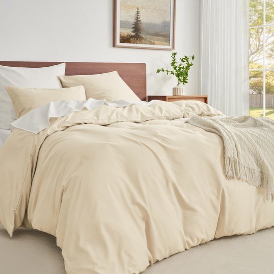 Unyqoos® Knuffelzacht beige beddengoedset met ritssluiting en hoekbanden