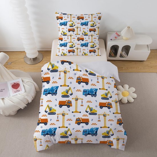 Unyqoos® Kinderbeddengoed met bouwvoertuigen motief en ritssluiting voor jongens