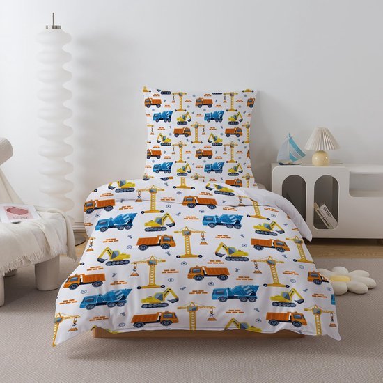 Unyqoos® Kinderbeddengoed met bouwvoertuigen motief en ritssluiting voor jongens