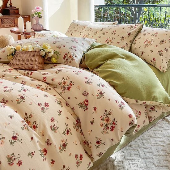 Unyqoos® Beddengoedset van microvezel met bloemen- en bladenpatroon in beige voor alle seizoenen