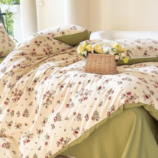 Unyqoos® Beddengoedset van microvezel met bloemen- en bladenpatroon in beige voor alle seizoenen