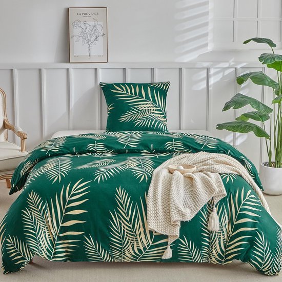 Unyqoos® Dubbelzijdig dekbedovertrek 140x200 cm met tropisch palmenmotief in goud