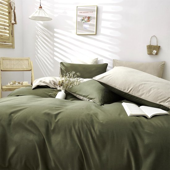 Unyqoos® Omkeerbare beddengoedset met microvezel in donkergroen en beige tinten