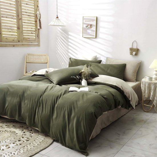 Unyqoos® Omkeerbare beddengoedset met microvezel in donkergroen en beige tinten