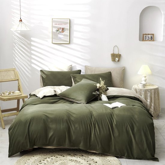 Unyqoos® Omkeerbare beddengoedset met microvezel in donkergroen en beige tinten