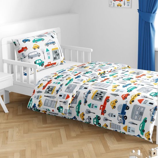 Unyqoos® Speels Kinderbeddengoed met Voertuigthema voor Jongens, 100% Katoen, 100 x 135 cm, Inclusief Kussensloop