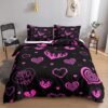 Unyqoos® Stijlvolle beddengoedset met hartjesmotief voor eenpersoonsbed in zwart en roze