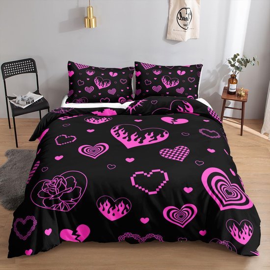 Unyqoos® Stijlvolle beddengoedset met hartjesmotief voor eenpersoonsbed in zwart en roze