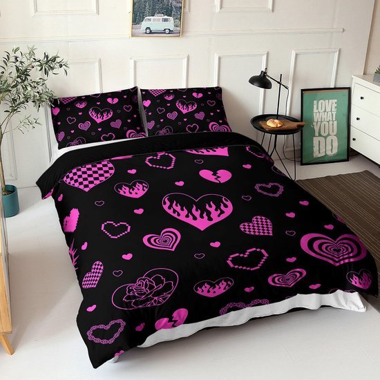 Unyqoos® Stijlvolle beddengoedset met hartjesmotief voor eenpersoonsbed in zwart en roze