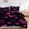 Unyqoos® Stijlvolle beddengoedset met hartjesmotief voor eenpersoonsbed in zwart en roze