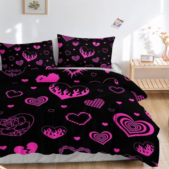 Unyqoos® Stijlvolle beddengoedset met hartjesmotief voor eenpersoonsbed in zwart en roze