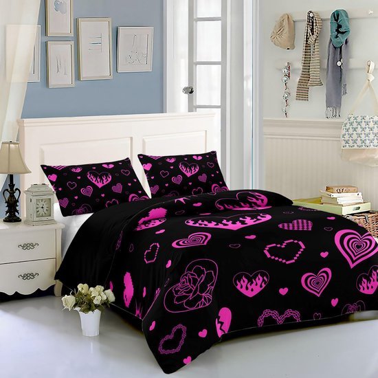 Unyqoos® Stijlvolle beddengoedset met hartjesmotief voor eenpersoonsbed in zwart en roze