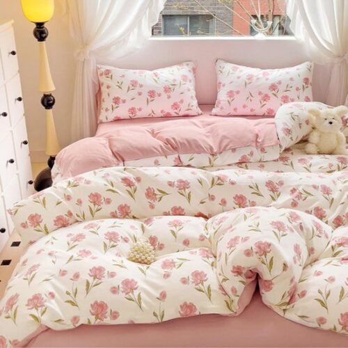 550x550-11599.jpg Unyqoos® Omkeerbaar dekbedovertrekset met bloemenpatroon in roze en wit voor eenpersoonsbed