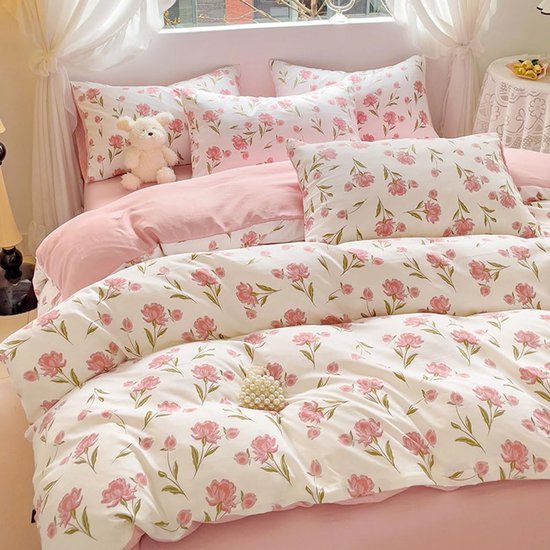 Unyqoos® Omkeerbaar dekbedovertrekset met bloemenpatroon in roze en wit voor eenpersoonsbed