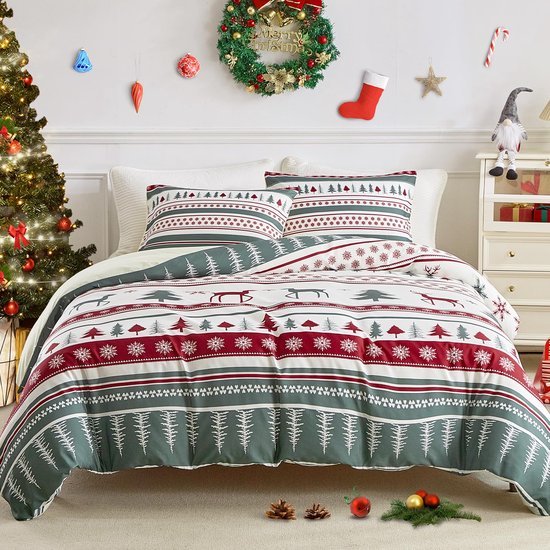 Unyqoos® Feestelijk Kerstbeddengoedset met Rendiermotief en Kussensloop met Ritssluiting