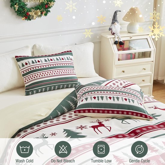 Unyqoos® Feestelijk Kerstbeddengoedset met Rendiermotief en Kussensloop met Ritssluiting