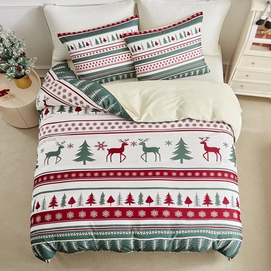 Unyqoos® Feestelijk Kerstbeddengoedset met Rendiermotief en Kussensloop met Ritssluiting