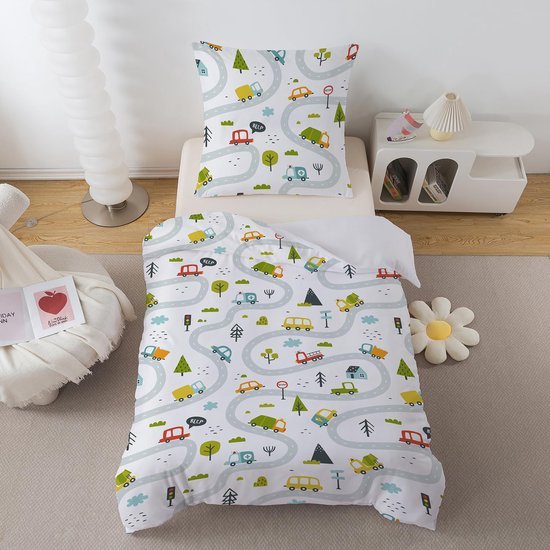 Unyqoos® Zachte microvezel kinderbeddengoedset met autodesign en ritssluiting